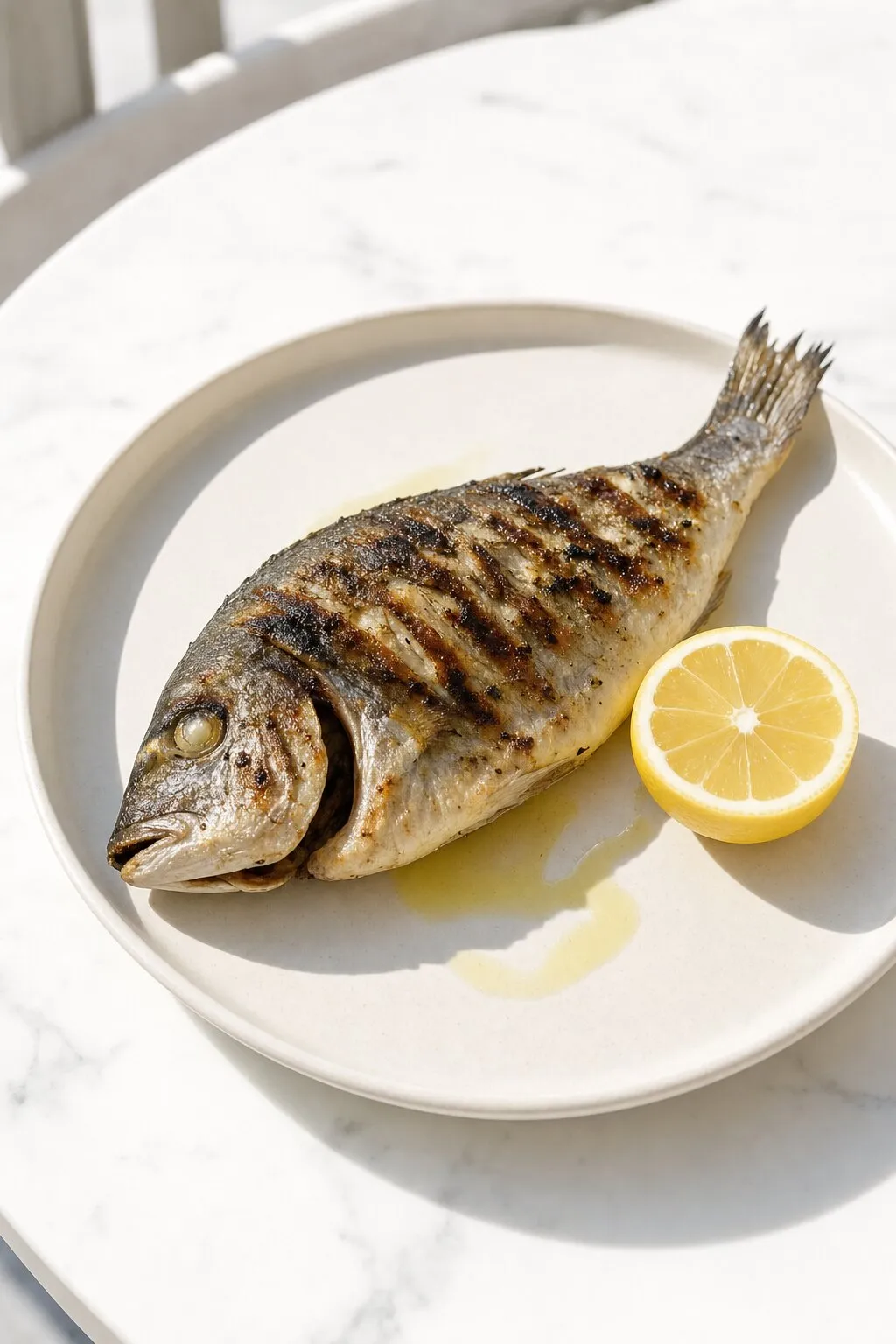 Eine ganze gegrillte Dorade mit Zitrone und Olivenöl auf einem schlichten Teller
