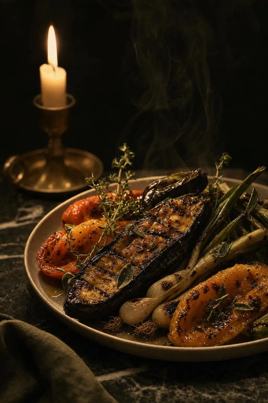 Gegrilltes Gemüse mit Kräutern, angerichtet bei Kerzenlicht