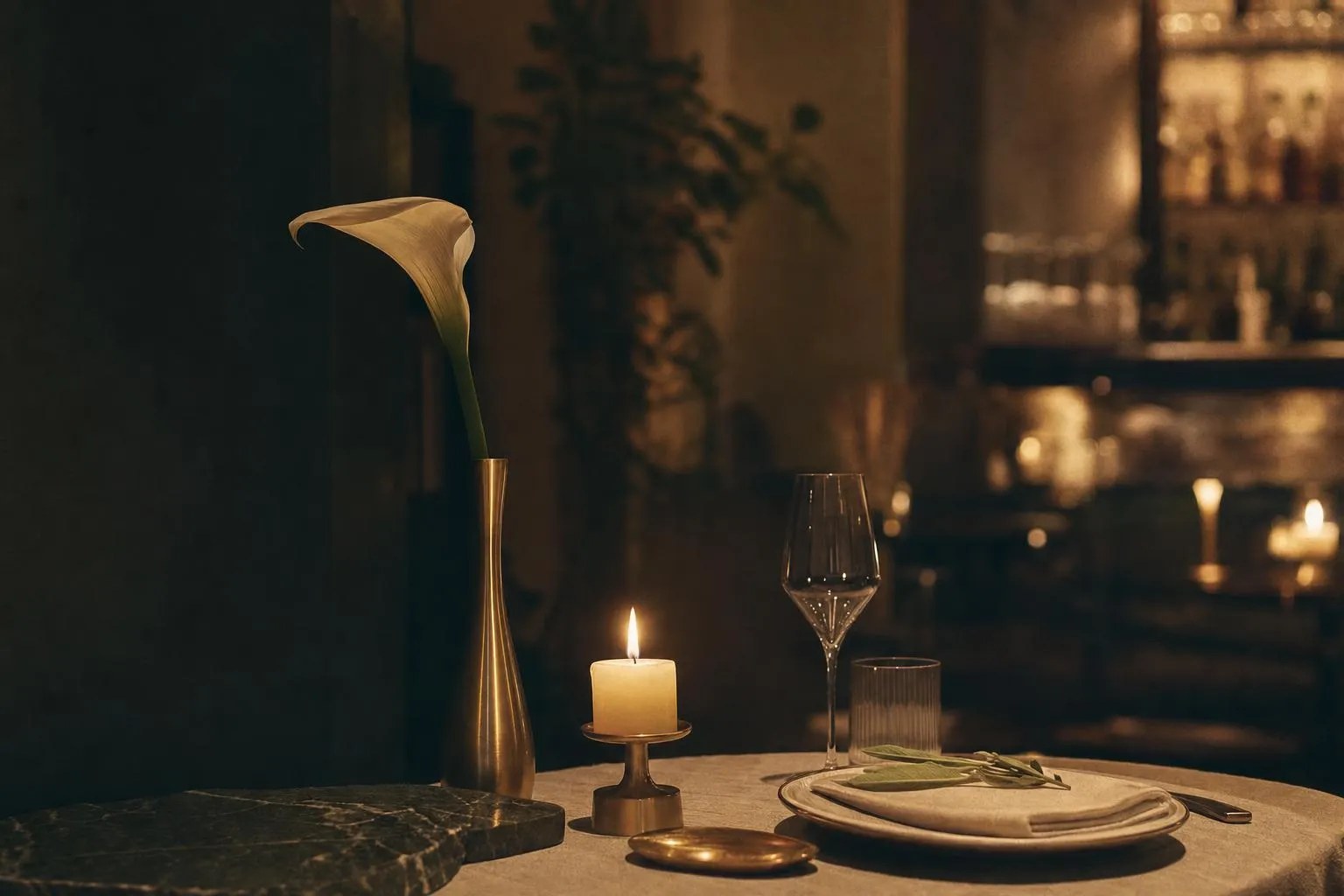 Ein gedeckter Tisch bei Calla mit einer Calla-Blüte, einer Kerze und der Bar im Hintergrund