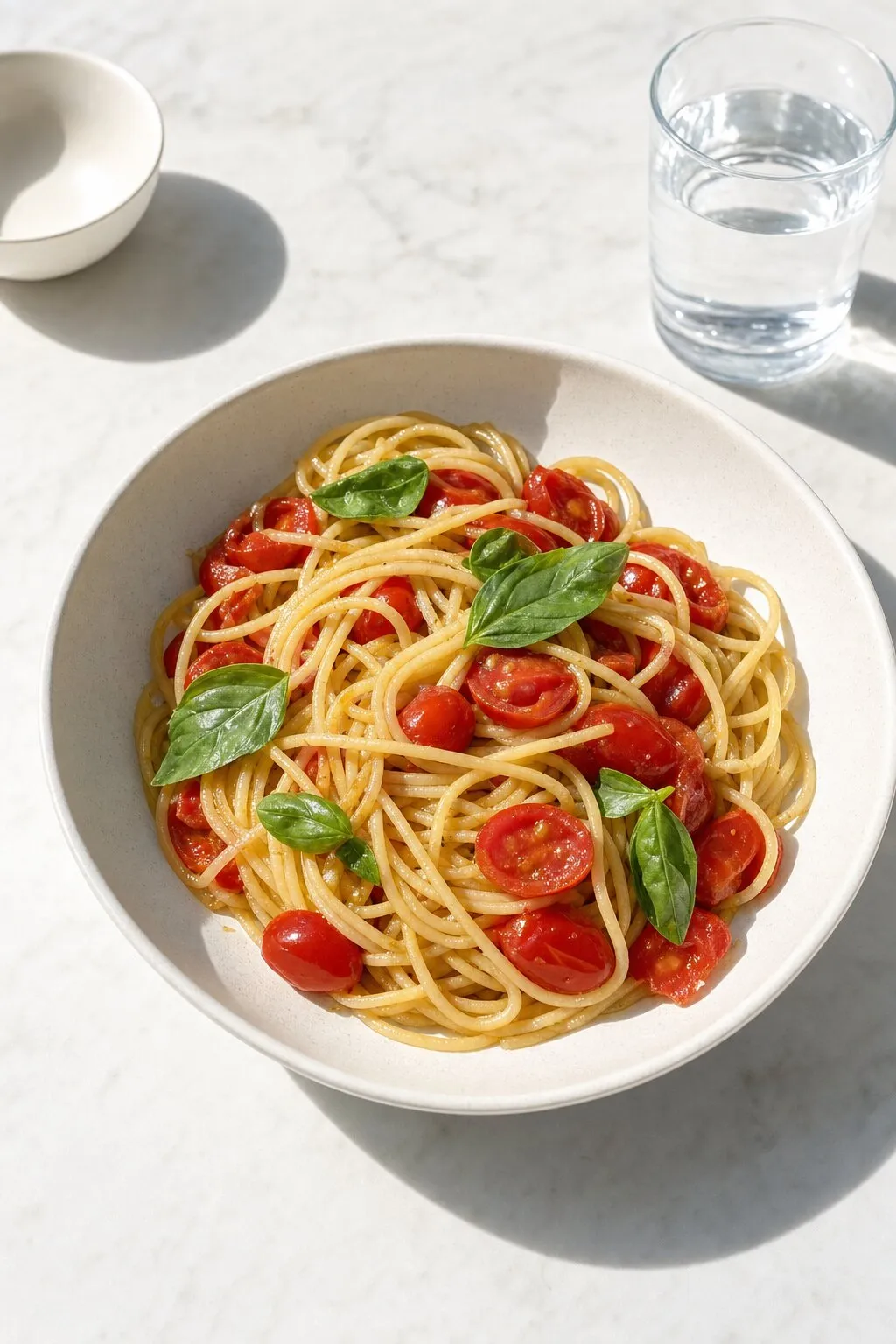 Spaghetti mit Datterini-Tomaten, Olivenöl und Basilikum auf einem Marmortisch
